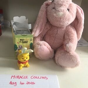 Plush Pink Bunny Stuffed Animal and Miniso Pooh